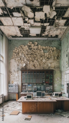 Derelict Control Room With Damaged Walls And Ceiling