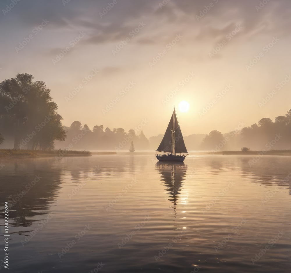 Misty morning on the Elbe River with a lone sailboat gliding through calm waters, river, landscape, Elbe River Misty morning on the Elbe River with a lone sailboat gliding through calm waters, river, landscape, Elbe River