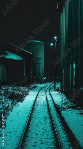 Nighttime Railway Tracks Snow Covered Industrial Scene photo