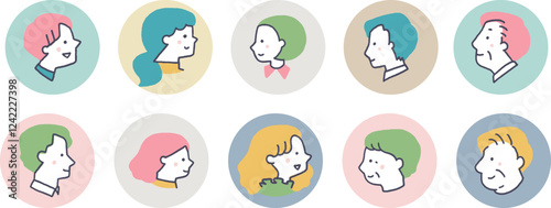 大人の男女横向きの顔だけアイコンセット枠付き