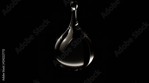 A single, glistening oil drop rests on a smooth black background, creating a visually captivating scene. The unique shape and texture of the oil drop stand out against the dark backdrop, drawing atten photo