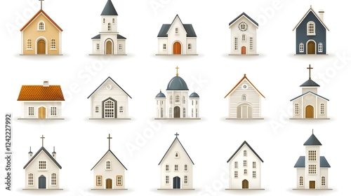 Sleek and modern 3D icon set featuring 12 colorful building models that showcase a range of architectural styles from contemporary skyscrapers to minimalist residential structures