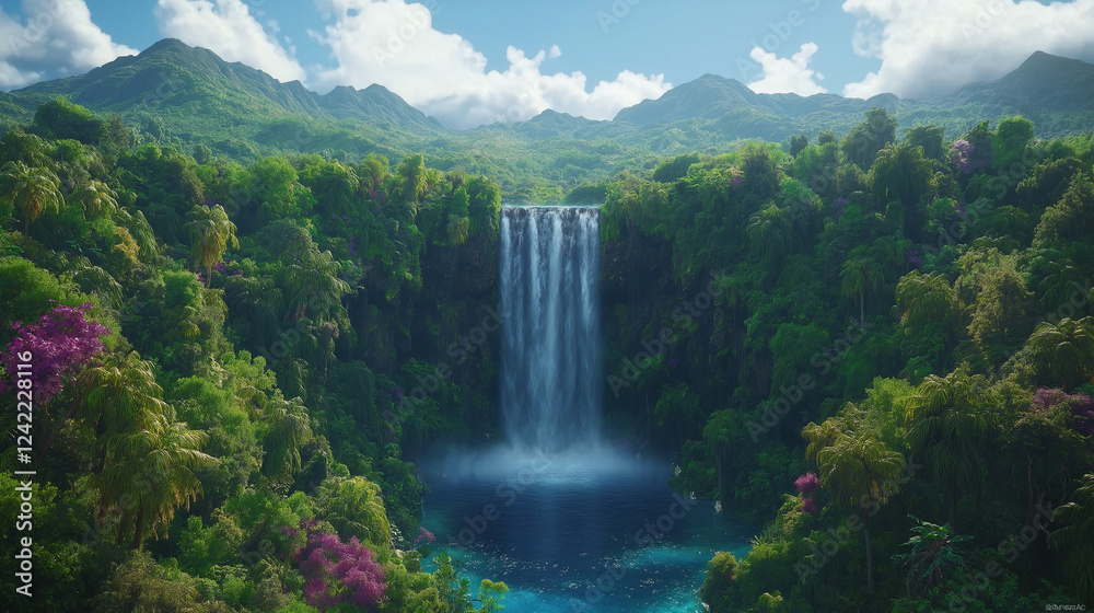 Fototapeta premium Serene Waterfall Cascade: A breathtaking panoramic view of a majestic waterfall cascading down a lush green mountainside, creating a mesmerizing spectacle of nature's beauty.
