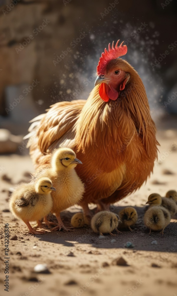 Fototapeta premium Mother hen and her chicks taking a dust bath together , preening, outdoor
