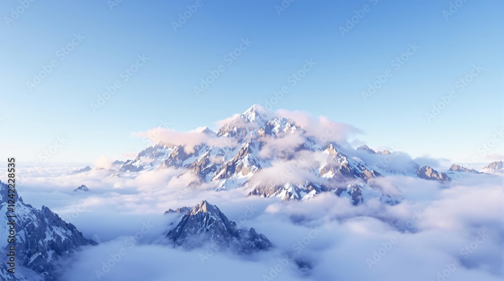 Mountain peak with misty clouds enveloping the summit at dawn, natural, sunrise, dawn, summit, mountain Mountain peak with misty clouds enveloping the summit at dawn, natural, sunrise, dawn, summit, mountain