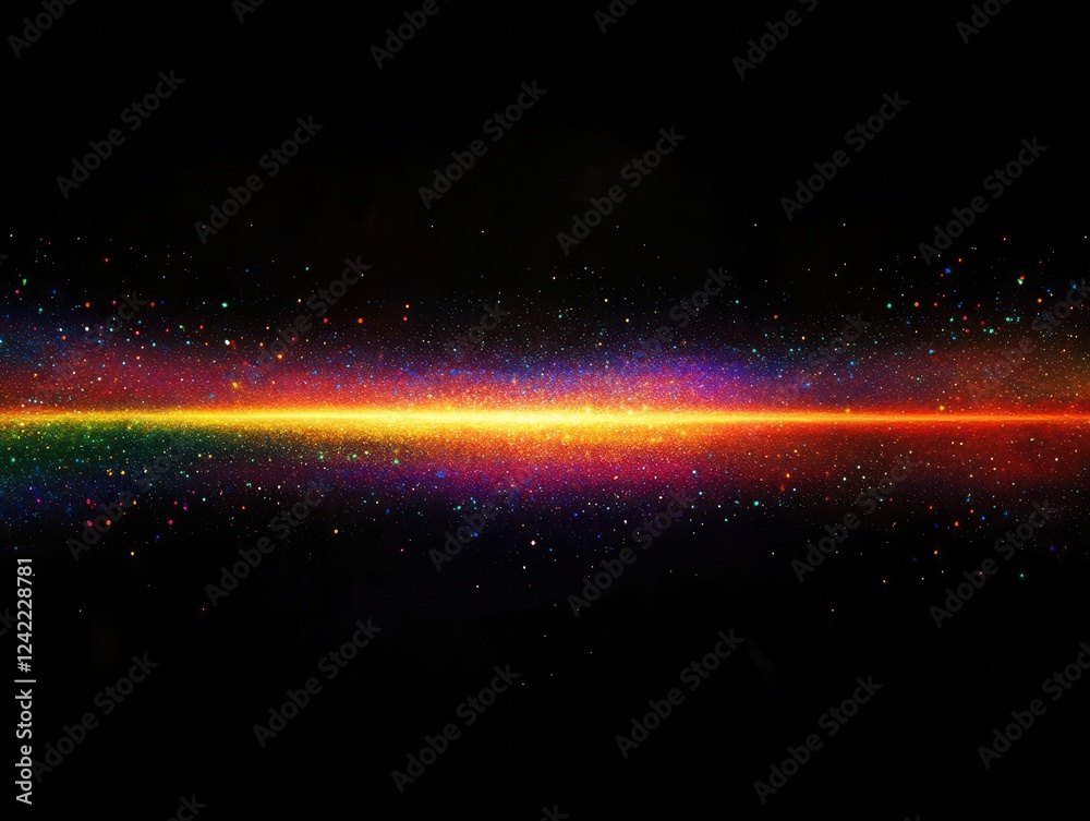 Fototapeta premium vibrant explosion of rainbow powder against black background, suspended particles creating ethereal patterns, mystical dreamlike atmosphere