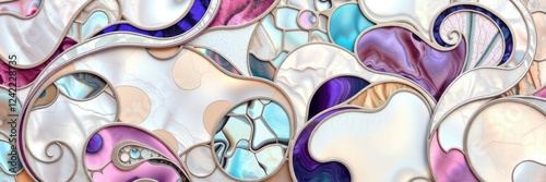 Multi-colored mother of pearl inlay with abstract shapes and swirling patterns, abstract, inlay, shapes