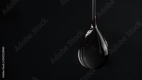 A single, glistening oil drop rests on a smooth black background, creating a visually captivating scene. The unique shape and texture of the oil drop stand out against the dark backdrop, drawing atten photo