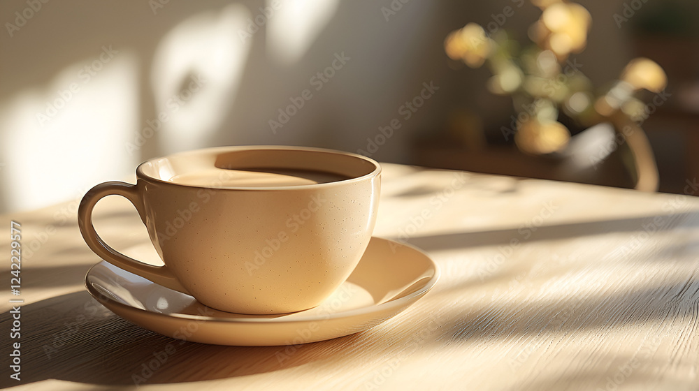 A warm cup of coffee sits on a wooden table, bathed in sunlight.  Perfect morning moment.
