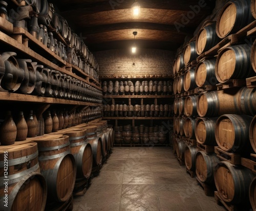 Wallpaper Mural Old wine cellar filled with stacks of aging wine bottles and wooden barrels, barrels, aged, traditional, vintage, wine cellar Torontodigital.ca