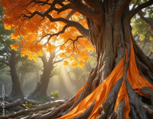 Orange silk fabric flowing like a river around a majestic tree trunk, balance, tranquility, harmony photo