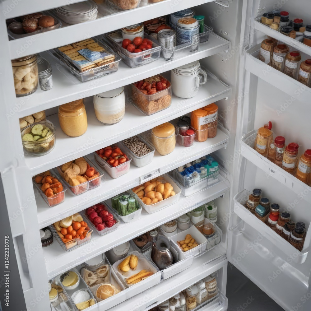 Overhead view of organized shelves in white fridge, arrangement, clean Overhead view of organized shelves in white fridge, arrangement, clean