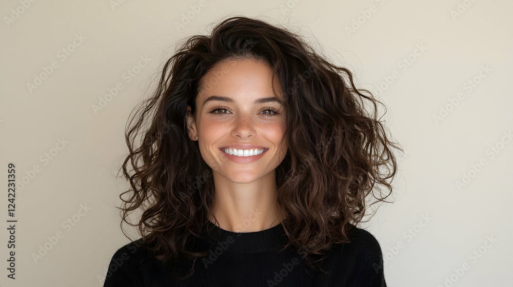 Woman smiling, portrait, studio, beige background, headshot Woman smiling, portrait, studio, beige background, headshot