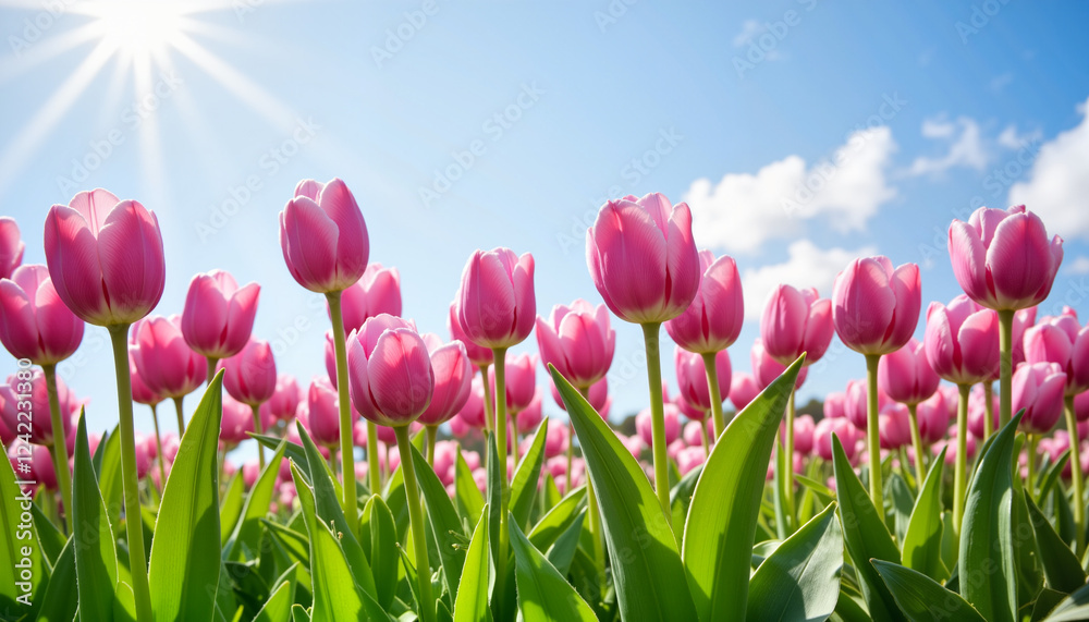 Fototapeta premium Vibrant pink Easter tulips blooming under bright sunlight, spring celebration
