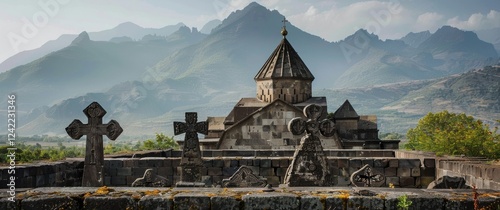 Ancient Armenian Orthodox church conical dome. Intricate khachkars stand before it mountain backdrop.  Stone architecture serene landscape. photo