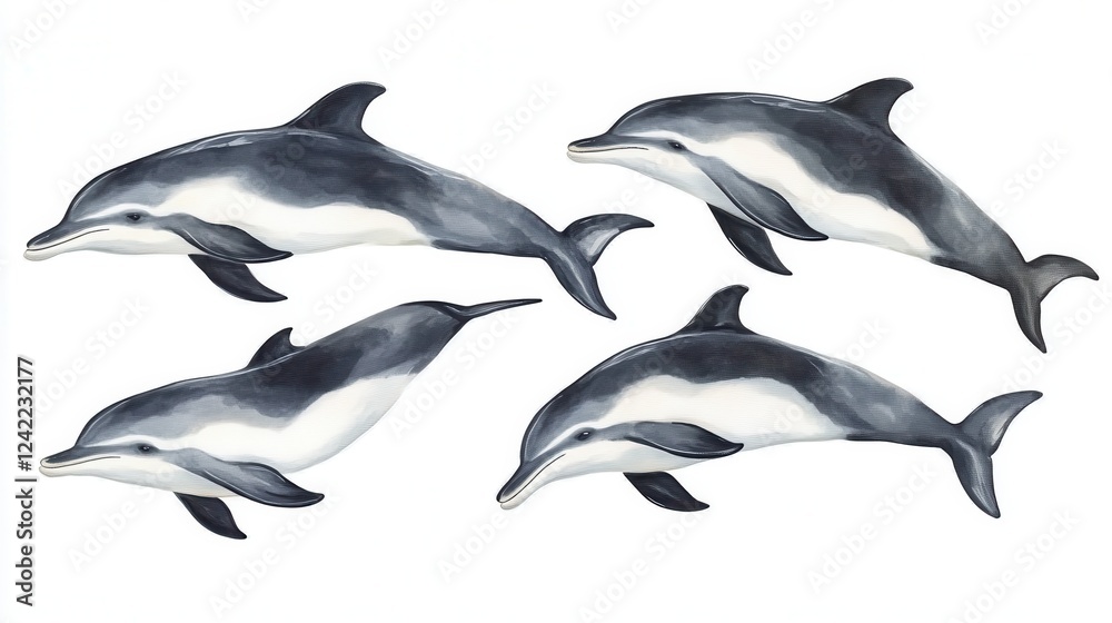 Obraz premium Group of Playful Dolphins Swimming in Clear Blue Ocean Water