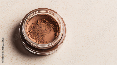 open jar of loose brown makeup powder on beige surface. cosmetic beauty product for skin enhancement. advertising, packaging design, skincare concept in mocha mousse tones - color of the year 2025 photo