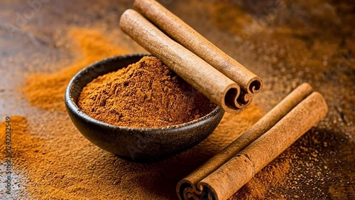 Warm-toned still life showcasing cinnamon sticks and ground cinnamon, creating an inviting, aromatic atmosphere with texture.