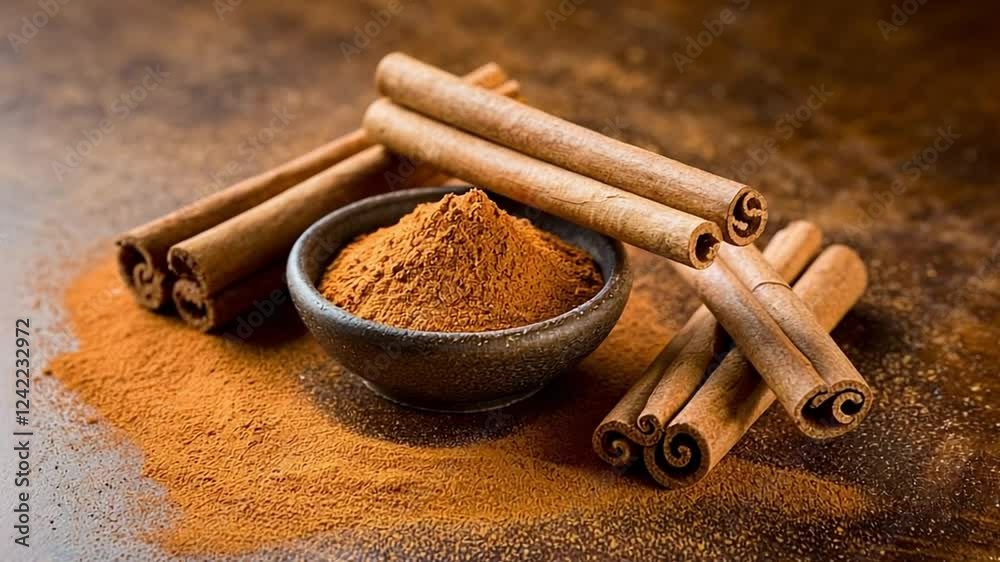 Warm-toned still life showcasing cinnamon sticks and ground cinnamon, creating an inviting, aromatic atmosphere with texture.