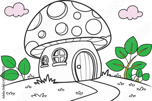 big mushroom house  coloring page for kids