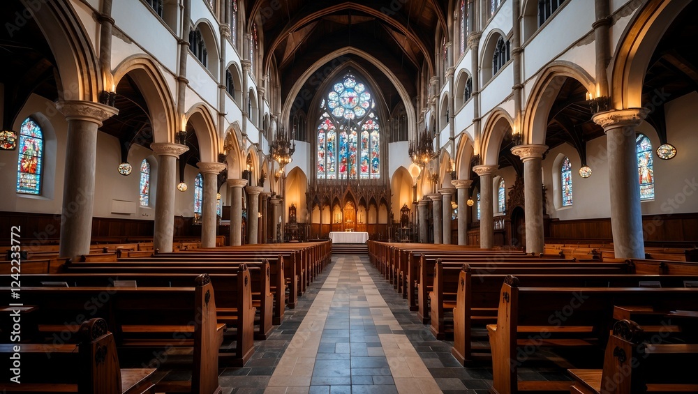 Obraz premium Majestic interior of historic cathedral with stained glass