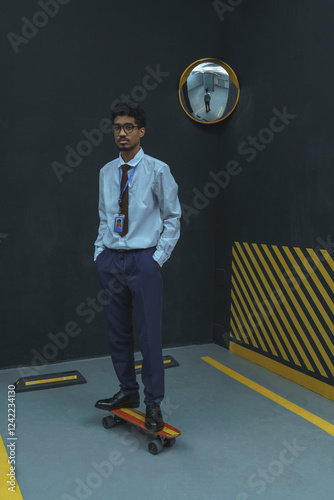  Professional Man Holding Skateboard and Bag in Industrial Setting photo