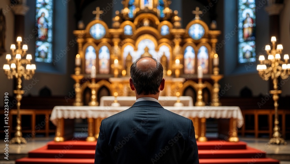 Man admiring ornate illuminated church altar Man admiring ornate illuminated church altar