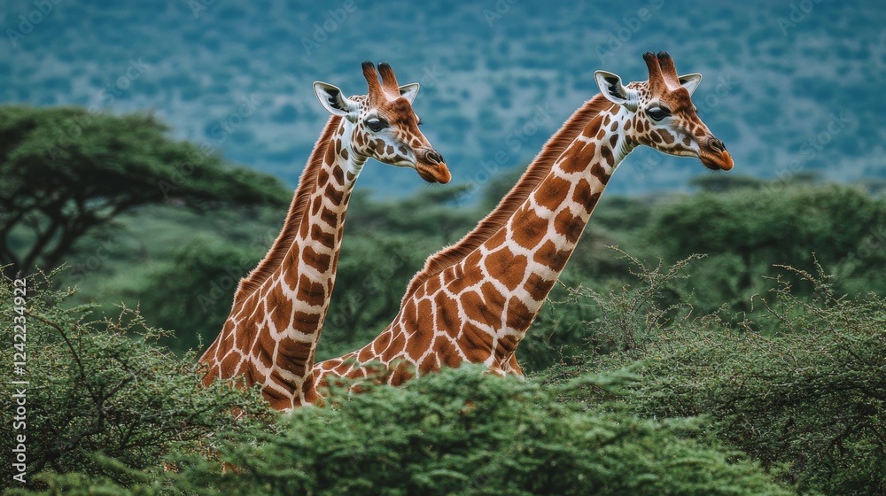 Obraz premium Two giraffes in the midst of their love, showing affection in the savannah backdrop, with lush green trees. World Wildlife Day concept campaign.