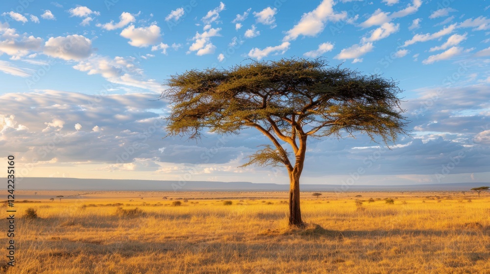 Golden savanna sunset. A lone acacia casts a long shadow. Serene landscape under a vibrant sky with fluffy clouds. Peaceful African scene. Golden savanna sunset. A lone acacia casts a long shadow. Serene landscape under a vibrant sky with fluffy clouds. Peaceful African scene.