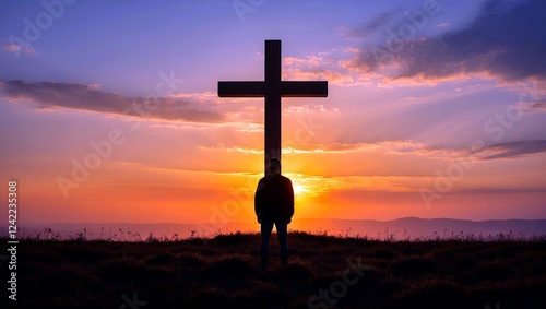 Man's silhouette contemplating a cross at sunset