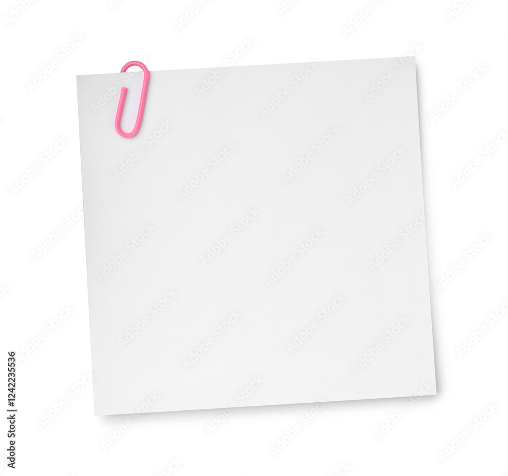 Blank paper note attached with clip isolated on white, top view Blank paper note attached with clip isolated on white, top view