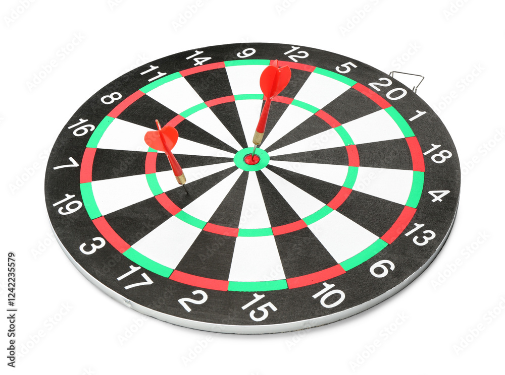 Dart board with red arrows hitting target isolated on white Dart board with red arrows hitting target isolated on white