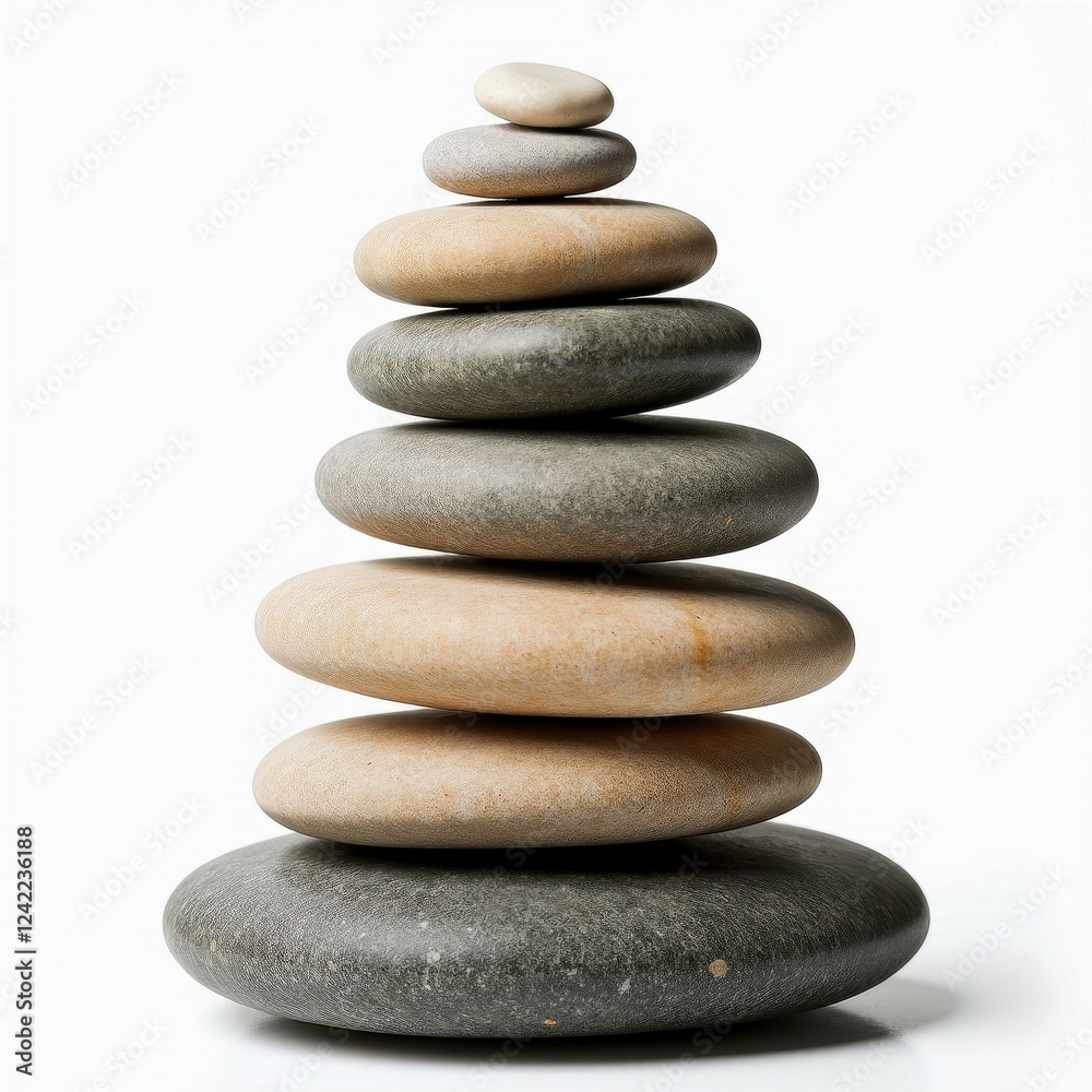Serene Pebble Stack Against Clean White Background Serene Pebble Stack Against Clean White Background