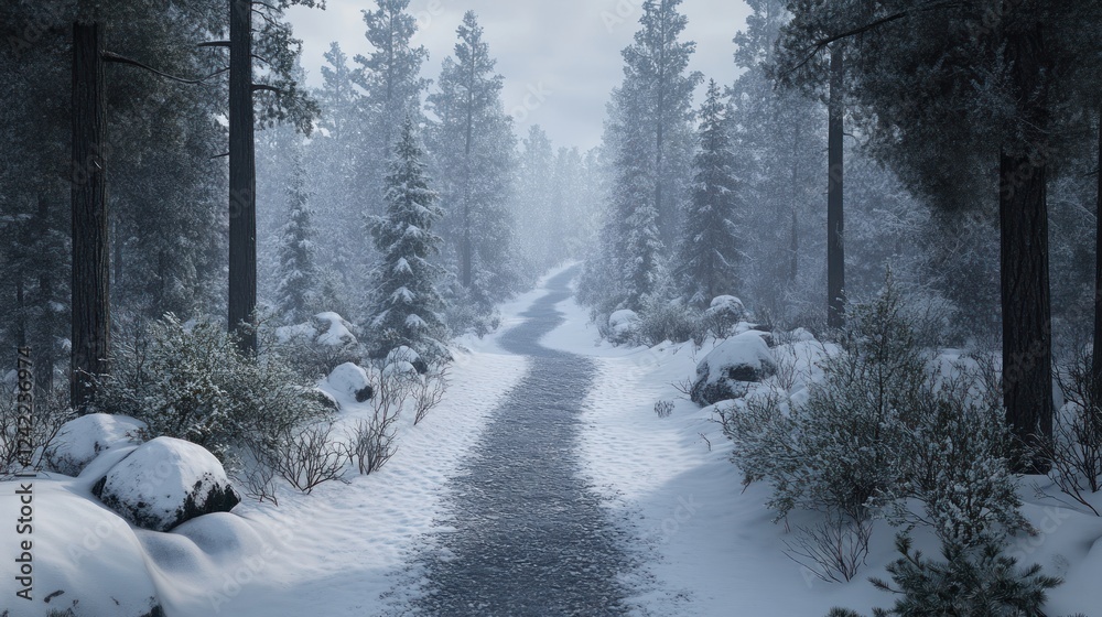Snowy path winding through a winter forest. Snowy path winding through a winter forest.