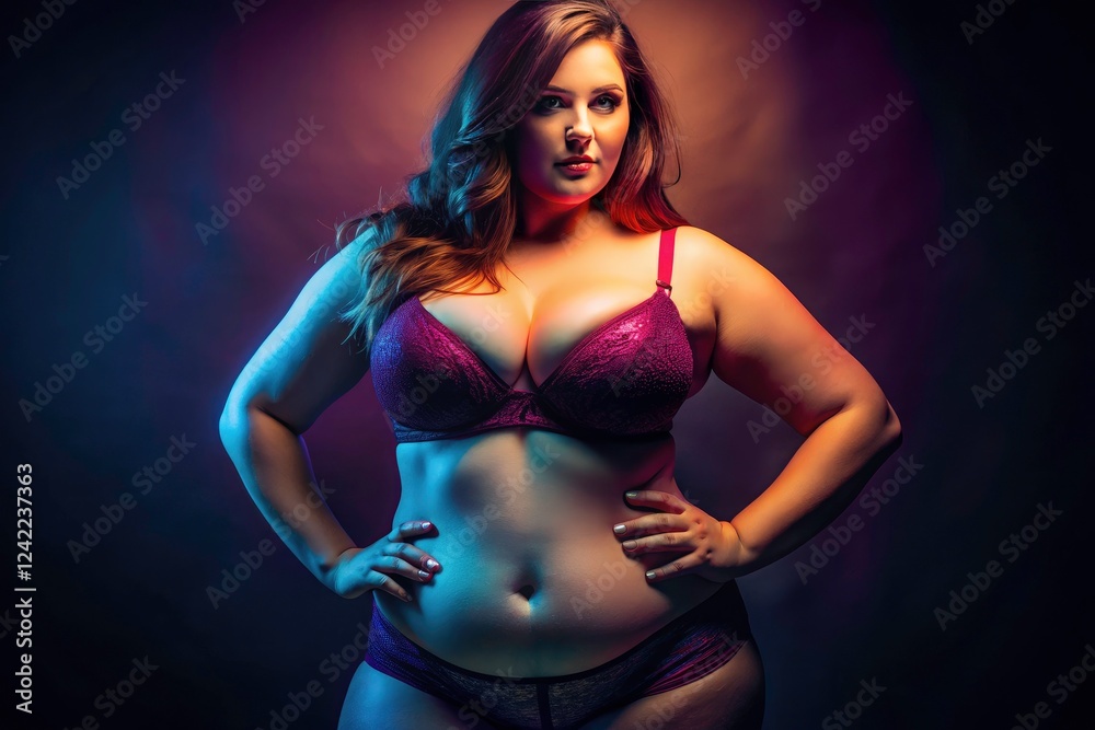 Sensual night photography: a plus-size figure bathed in soft, intimate light, showcasing curves and belly. Sensual night photography: a plus-size figure bathed in soft, intimate light, showcasing curves and belly.