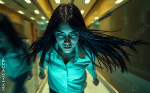 creepy young woman staring into the camera