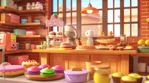 Wallpaper Mural Cozy Bakery Scene with Colorful Treats and Cute Characters Torontodigital.ca