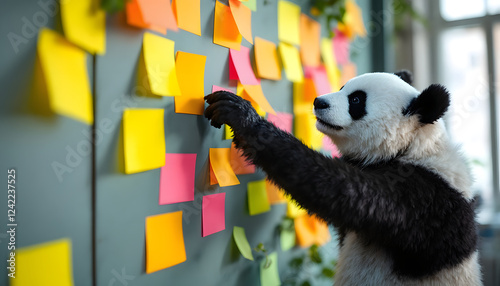 Panda Organizing Sticky Notes on Wall