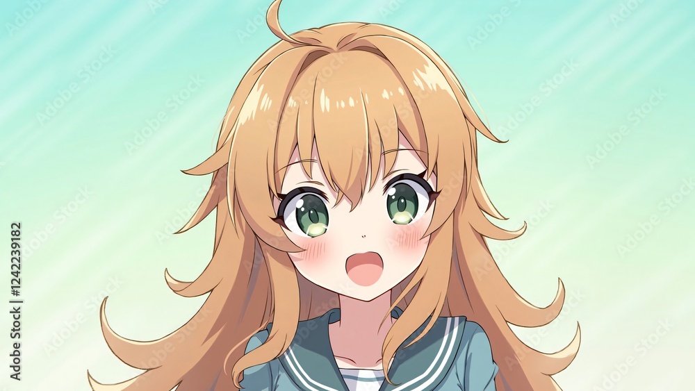 Joyful Anime Girl with Long Blonde Hair and Green Eyes Joyful Anime Girl with Long Blonde Hair and Green Eyes