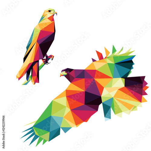 set of bird eagle hawk Polygon low poly. Collection colorful. Colorful abstract Icon. Colorful hawk eagle Vector Icon