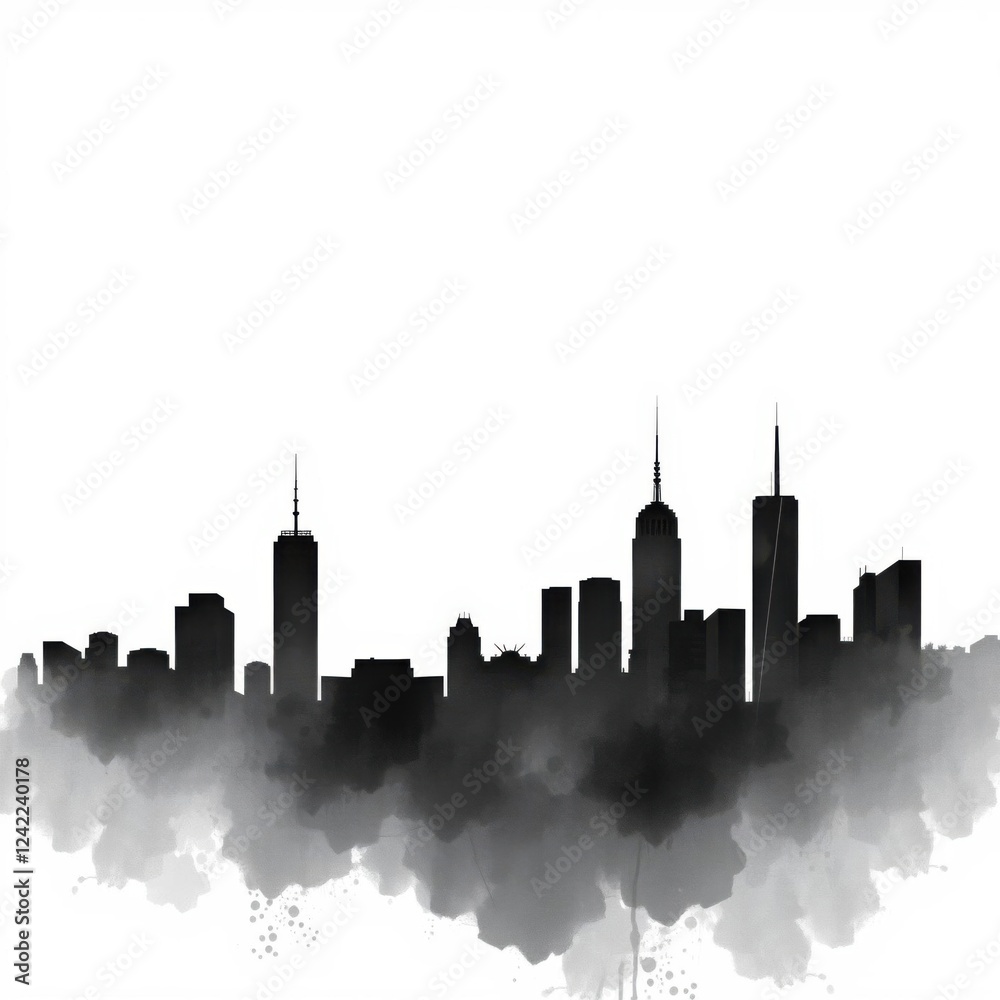 Obraz premium Abstract cityscape with a red sun setting behind a black silhouette of buildings while colorful waves ripple through the sky vibrant urban cityscape skyline silhouette 