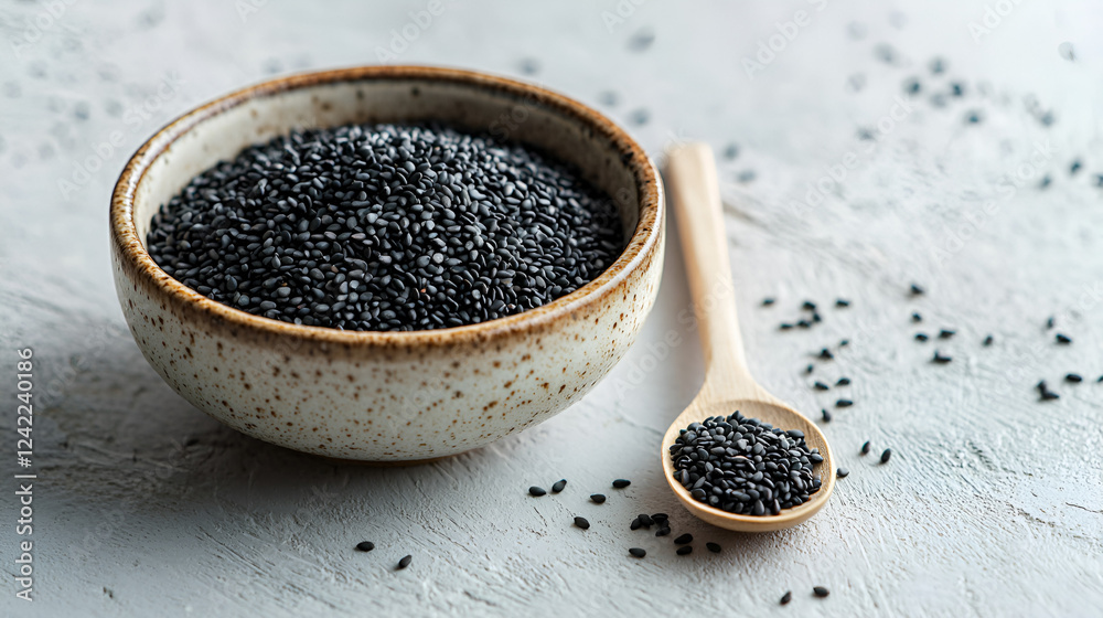 A bowl and spoon filled with black sesame seeds, scattered on a light gray surface. A bowl and spoon filled with black sesame seeds, scattered on a light gray surface.