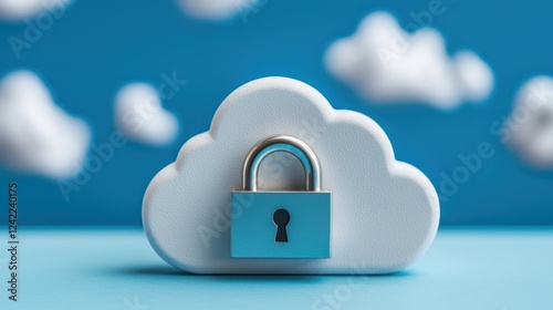 A cloud with a lock symbolizes cloud security and data protection in a digital environment against unauthorized access.