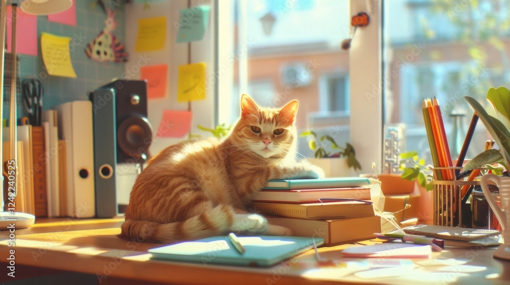 custom made wallpaper toronto digitalCozy Cat Relaxing on Stack of Books in Sunlit Home Office Space