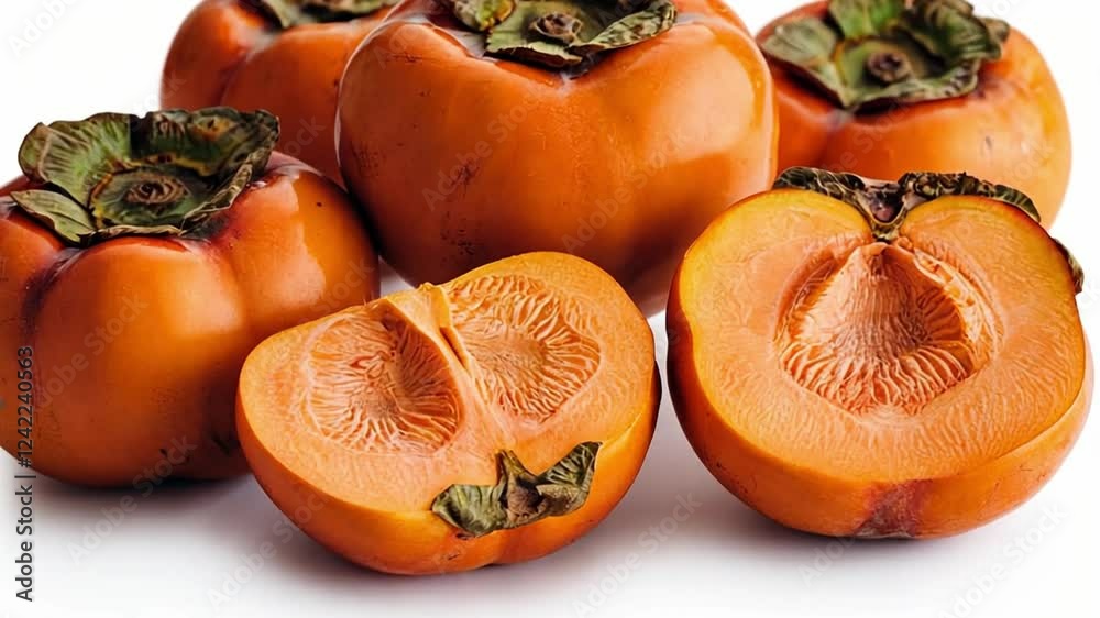 Ripe persimmons, smooth orange skin, whole and sliced.