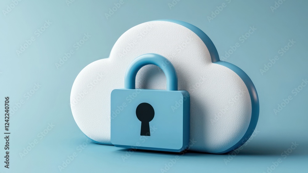 A stylized cloud with a blue padlock symbolizing cloud security and data protection.