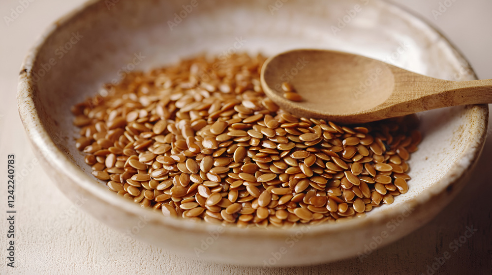 A bowl of golden flax seeds, a healthy and nutritious food. A bowl of golden flax seeds, a healthy and nutritious food.