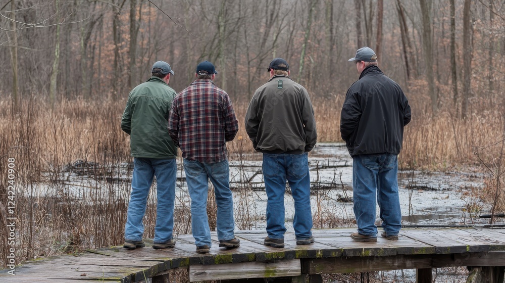 Four men enjoying nature by a tranquil wetland at dusk Four men enjoying nature by a tranquil wetland at dusk