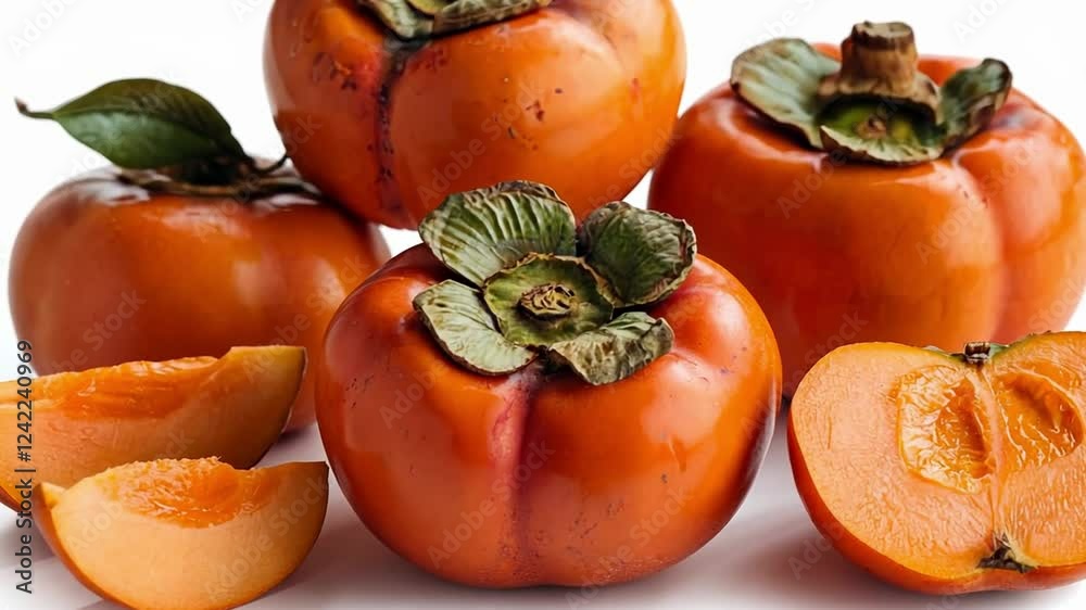 Ripe persimmons, smooth orange skin, whole and sliced.