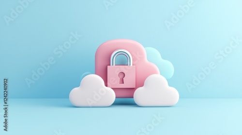 A stylized lock on a pink cloud, surrounded by white clouds, symbolizes cloud security and data protection in a modern, pastel-themed design.